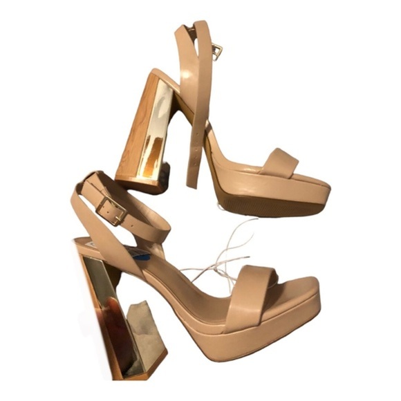 Aldo tan open toe stacked gold mirrored wooden platform heels size 10‎ brand new - Picture 2 of 14